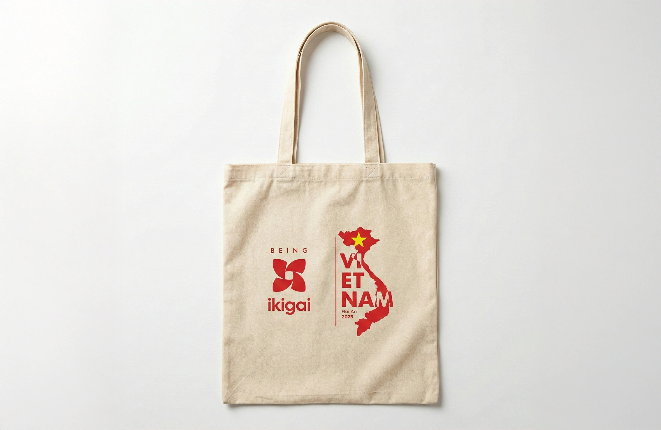米白色帆布手提袋正面兩款彩色 Logo 印刷案例