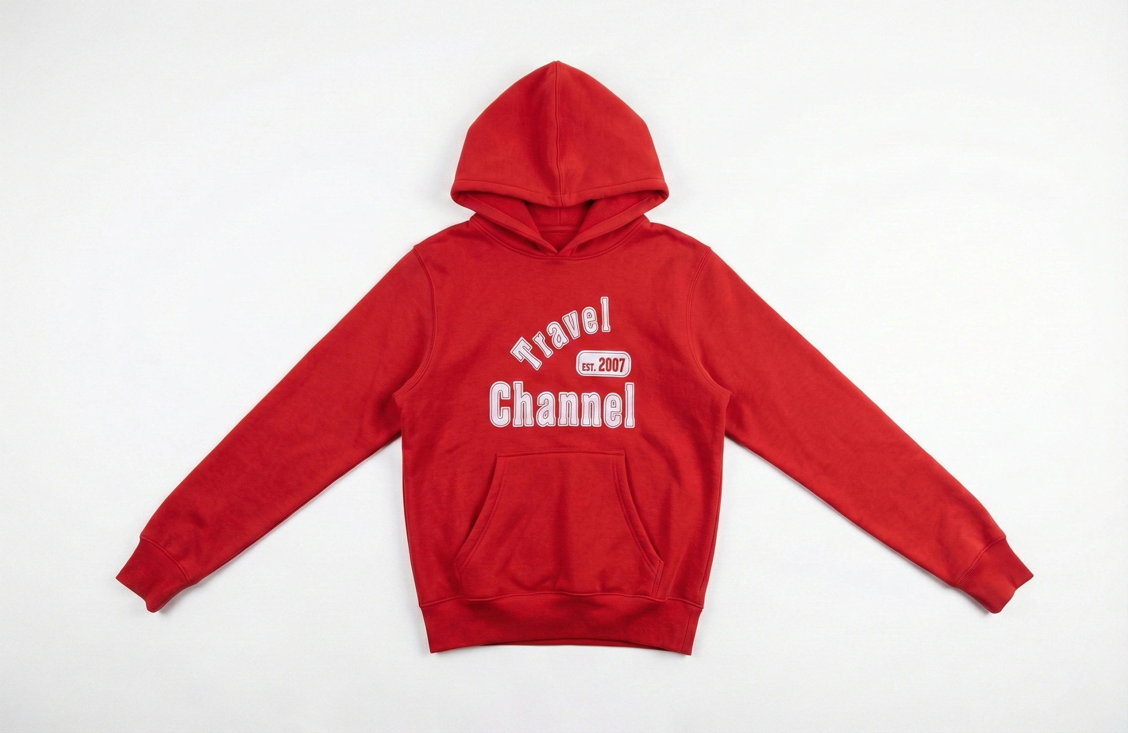 紅色套頭 Hoodie 正面 Travel Channel 圖案印刷作品