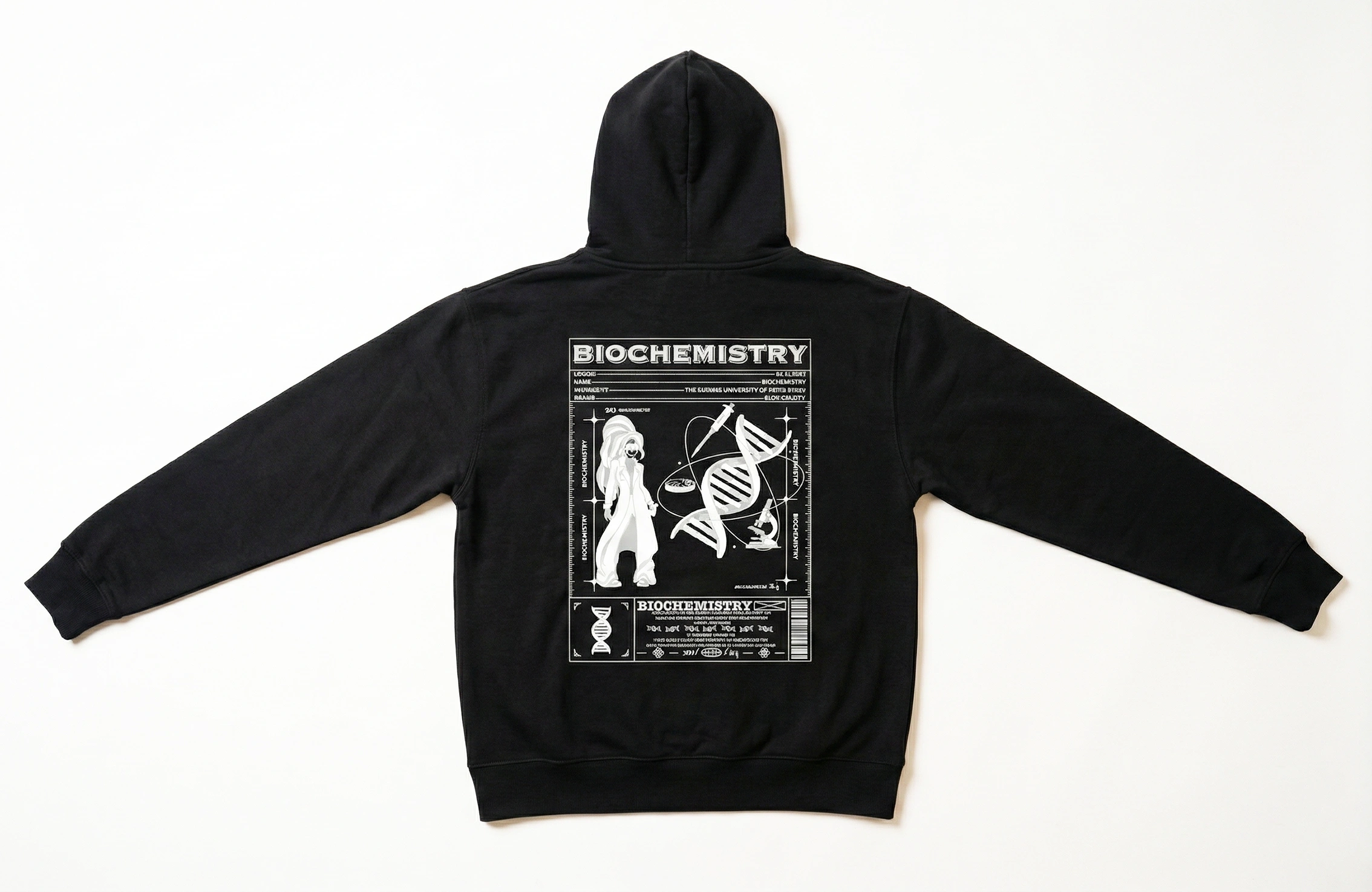 黑色套頭 Hoodie 背面生物化學 DNA 圖案印刷作品