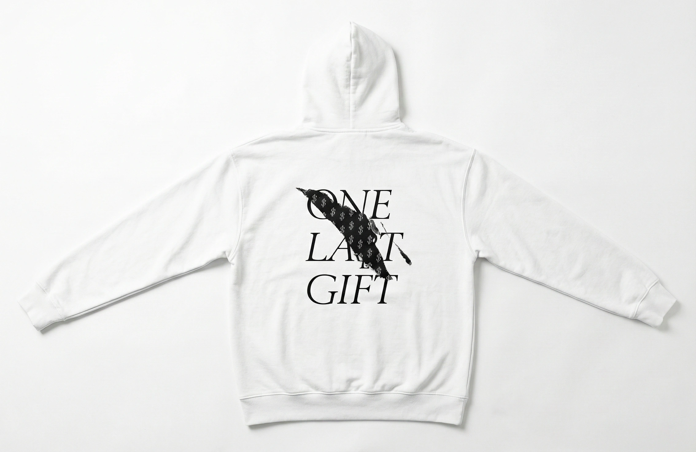 白色套頭 Hoodie 背面 One Last Gift 圖案印刷作品