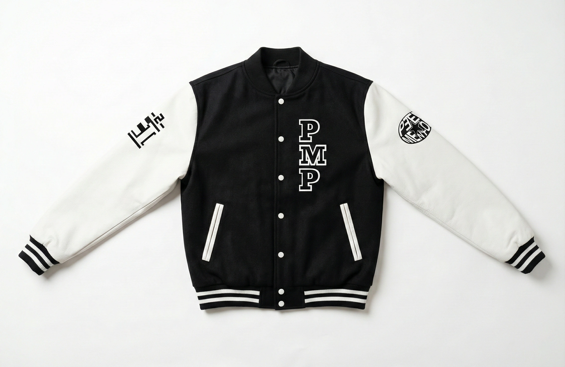 黑白拼色 PMP 字母 Letterman Jacket 正面案例