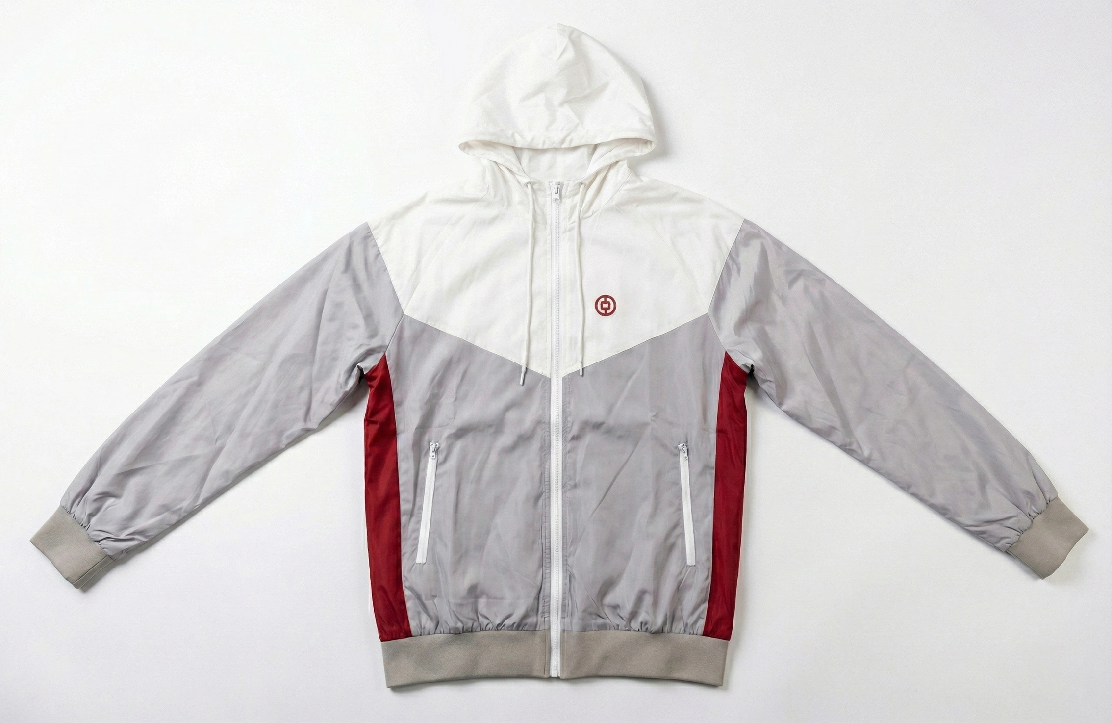 Windbreaker 團體作品：白灰紅拼色連帽拉鍊風褸
