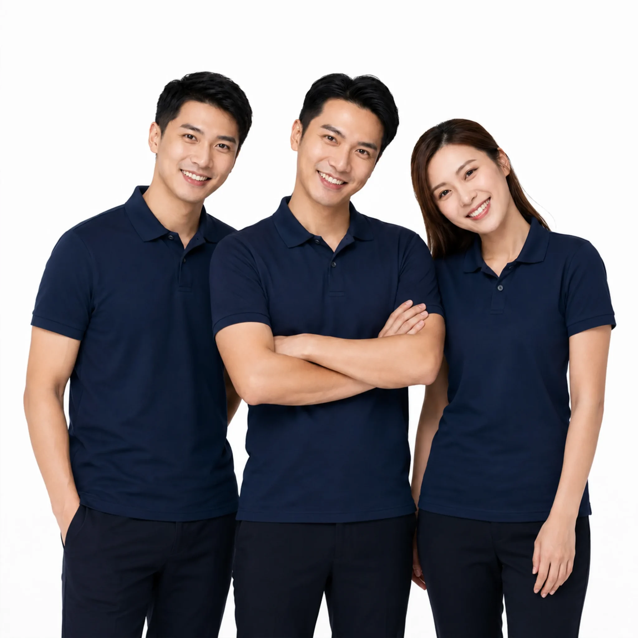 三位模特兒穿著深藍色公司Polo恤，展示香港團體Polo Shirt印刷及訂造服務