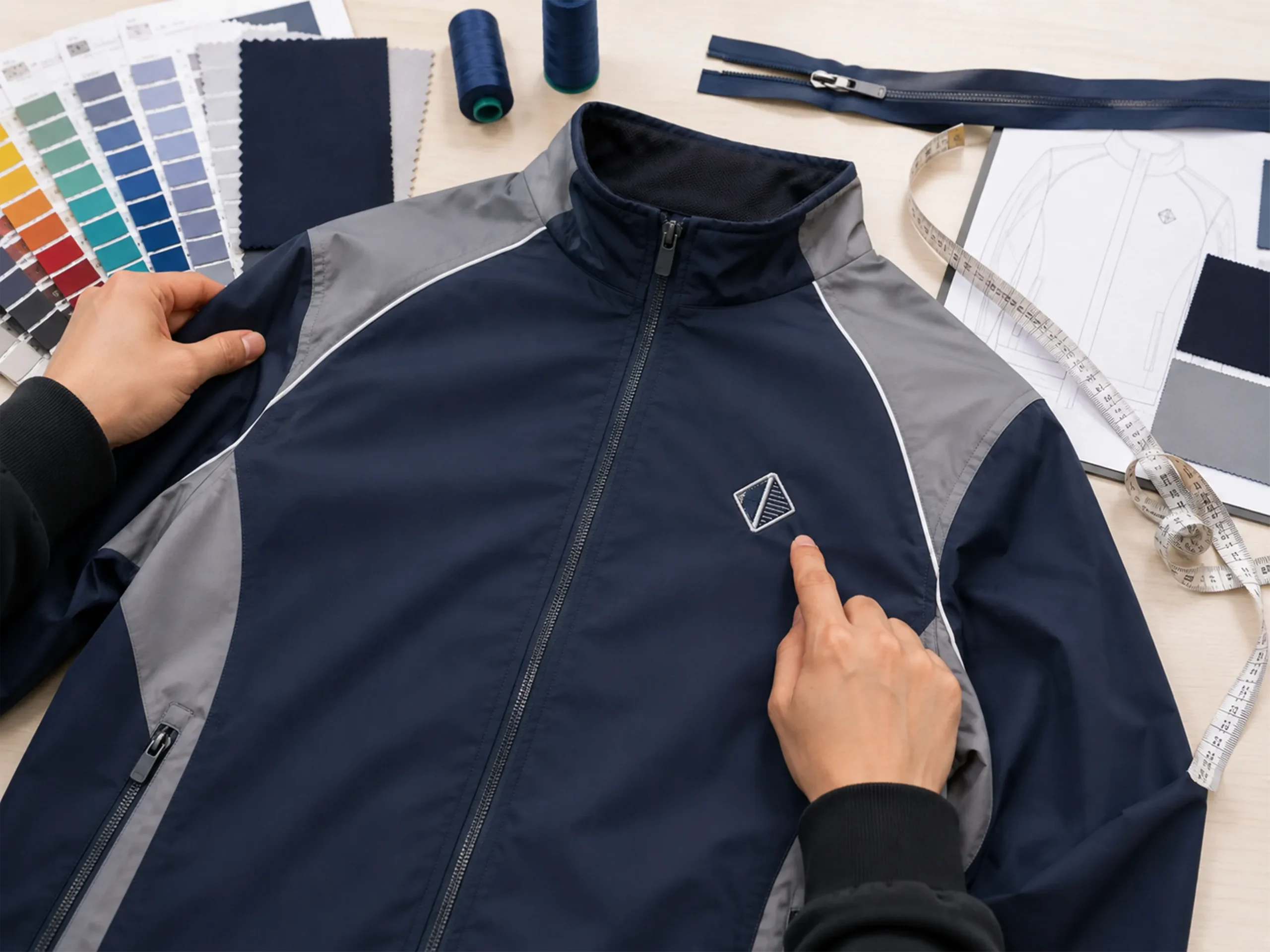 團體服裝生產前檢查布料、車線及 Logo 製作細節